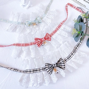 Lace plaid pet collar with bell and pearl pendant in red, blue, and houndstooth check
