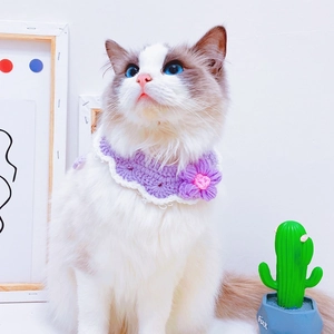 Handmade purple knitted pet collar with 3D puff flower for cats and small dogs
