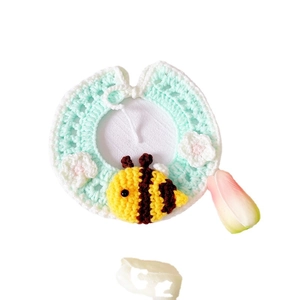 Handmade knitted mint green pet collar with cute honey bee and white flower decor