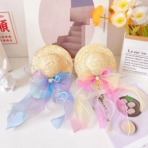 Mini straw hats for pets featuring elegant colorful chiffon bows and pearl ornaments