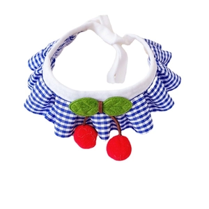 Blue gingham pet bib with ruffle lace and felt cherry charms for cats and small dogs