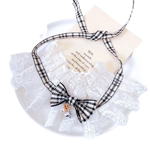 Elegant white lace pet collar with houndstooth bow and bells for cats and dogs