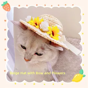 Detail showing pet straw hat with sunflower, white rose decorations and beige bow-knot
