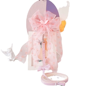 Pink cat harness and leash set with organza bow and peach print for small dogs
