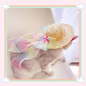 Detail of mini pet straw hat with large rainbow gradient organza bow and white beads