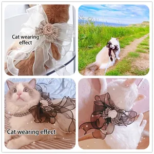 Katzen-Geschirr mit Organza-Schleife und Rosen-Detail in mehreren Außenansichten gezeigt
