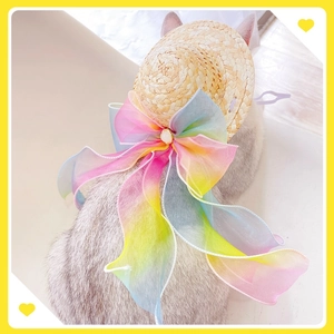 Close-up of a woven pet straw hat featuring a rainbow organza bow and pearl detail