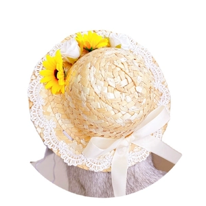 Handwoven pet straw hat with sunflower, lace trim and white satin ribbon for cats and dogs