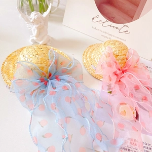 Detail of mini straw pet hats with peach print organza bows in pink and blue