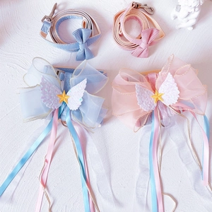 Detail of pink and blue pet harness with sequins wings and decorative bow ribbons