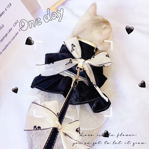 Elegant black satin pet princess harness dress with oversized bow and lace skirt