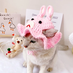 Detailed close-up of a pink handmade crochet pet hat with bunny ears on a white cat