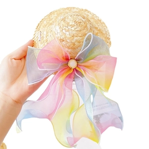 Handmade straw pet hat with colorful gradient organza bow and pearl accent for cats