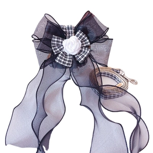 Cat harness and leash set with large organza bow and white camellia flower decoration