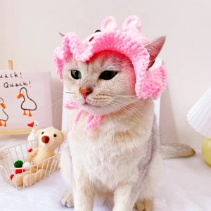 Close-up of a cat wearing a handmade pink knitted hat with rabbit ears and ruffles