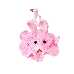 Pink handmade crochet bunny hat for cats and dogs with white goose decoration