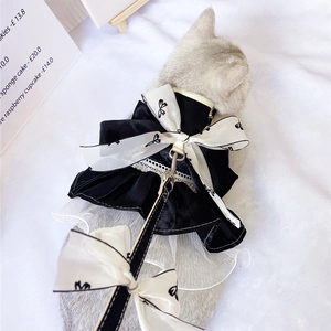 Detail of pet harness leash set with white lace trim and large decorative bow