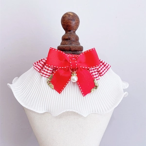 Adjustable Pet Bowknot Collar With Plaid Lace Pleated Bib For Cats Dogs Cute Princess Style Scarf With Faux Artificial Pearl Pendant