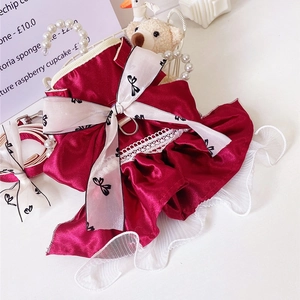 Detail of pet dress with a red satin bow, lace trim, and faux pearl handle for dogs
