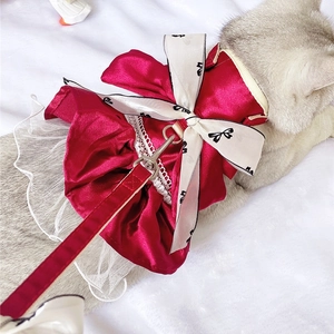 Detail of red satin pet dress with lace trim, large bow and metal D-ring attachment