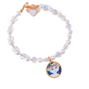 Handmade pearl pet collar with winged heart and vintage cat illustration pendant