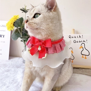 Lace pet collar with red plaid bow and pearl pendant for small dogs and cats