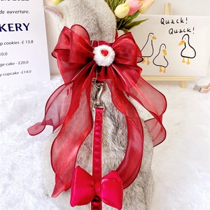 Detail of red pet harness with organza bow and red heart worn by a grey cat on plush rug