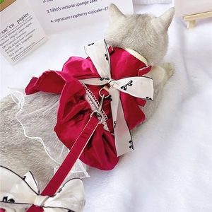 Close-up of red pet dress with lace trim and cream bow on white velvet backdrop