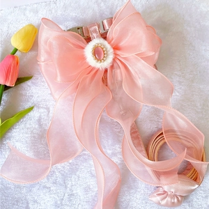 Pink pet harness set with large organza bow, pearl accents and matching leash for cats