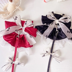 Elegant pet harness dress with large bowknot and lace trim in red and black colors