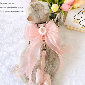 Pink pet harness and leash set with organza bow and pearl jewel buckle for cats and dogs