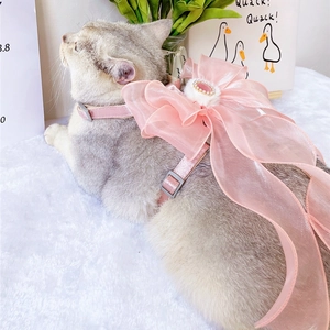 Macro view of pink pet harness with large organza bow and pearl jewelry decoration