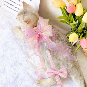 Pink plaid pet harness with large organza bow and floral accents for cats and dogs