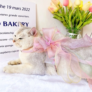 Detailed view of pink and lilac organza butterfly bow harness for small cats and dogs
