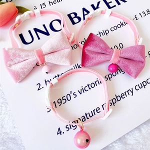 Pink velvet pet collar set with bowknots and bells for small dogs and cats