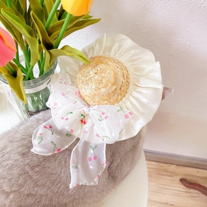 Charming pet straw hat with cherry bow and lace trim for small dogs and cats