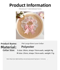 Size chart for lace pet collar with big pink bow, pearl accents and polyester fabric