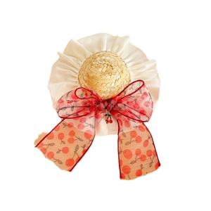 Pet straw hat with cherry ribbon bow and lace trim for small dogs and cats summer style