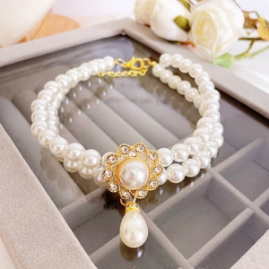 Luxury Double Layer Faux Artificial Pearl Pet Necklace With Rhinestone Flower Heart Pendant For Dogs Cats Adjustable Jewelry Birthday Gift