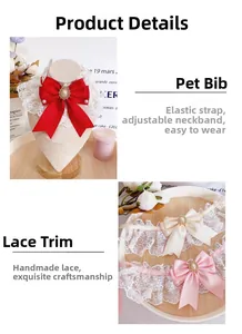 Detailed view of handmade lace pet collar with satin bow and pearl rhinestone accent