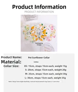 Size chart for cotton sunflower pet collars showing dimensions and weight for XS to L sizes