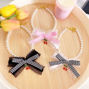 Adjustable Pet Bowknot Artificial Pearl Necklace With Cherry Pendant Lace Plaid Dog Cat Collar For Small Dogs Cats Princess Style Sweet