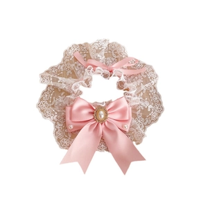 Lace pet collar with a large pink satin bow and pearl rhinestone accents for cats and dogs