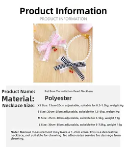 Detailed size chart for adjustable pet pearl necklace with lace bow and cherry pattern