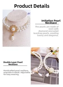 Detail van luxe dubbellaagse parelketting voor huisdieren met sprankelende strass hanger