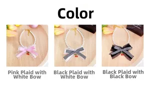 Detail of adjustable pet pearl necklace with lace bows and cherry charms in three colors