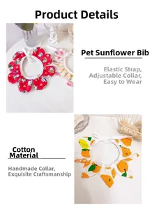 Detail showing various sunflower cat collars with floral patterns and elastic straps