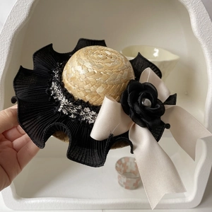 Mini pet straw sun hat with black rose and pearl accent for dogs and cats