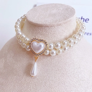 Luxurious double-layer pearl necklace for pets with diamond heart and water drop pendant