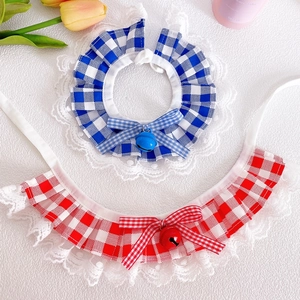Plaid pet collar set with lace trim and bells in blue and red checkered patterns